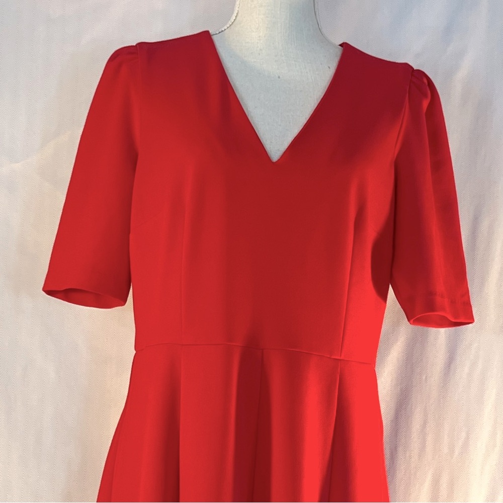 Donna Morgan Red MIDI Dress Crepe Elbow Length Sleeves V Neck Fit & Flare 12 - Picture 4 of 10